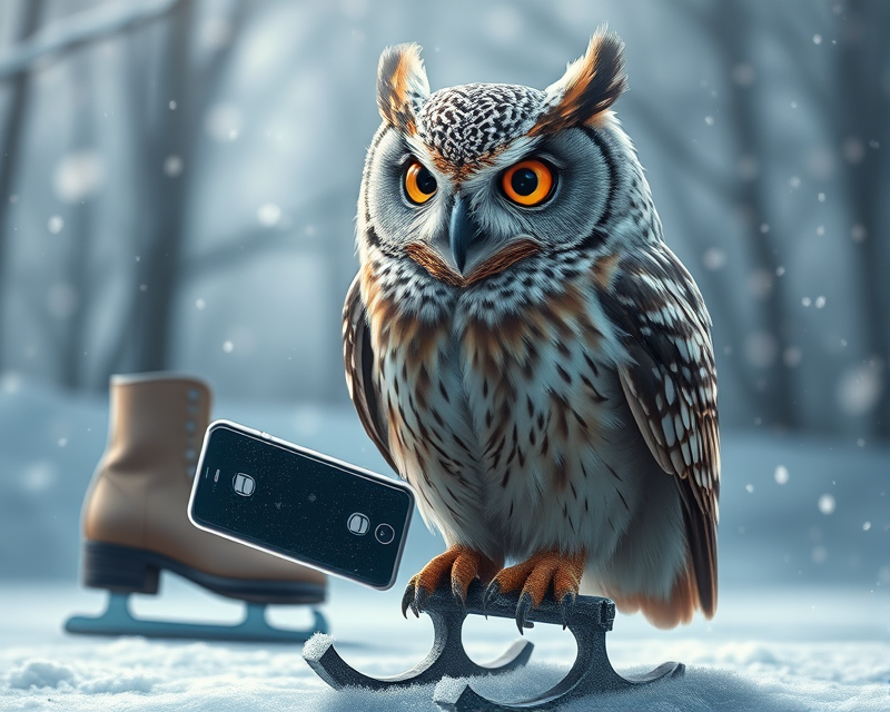 owl, cell phone, ice skate